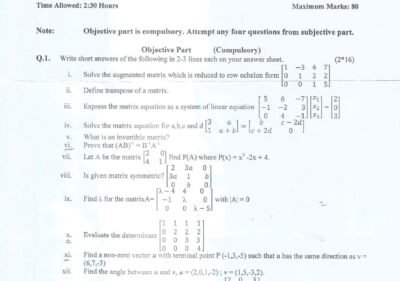 Welcome to Shining Study 27 Linear Algebra BSSE Term 4th Past Paper 2016 UOS 1