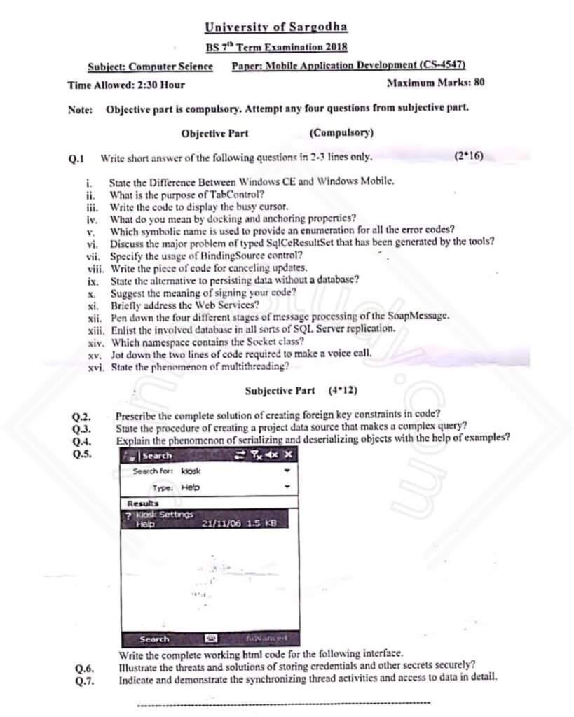 Mobile Application Development BSCS Term 7th Past Paper 2018 UOS