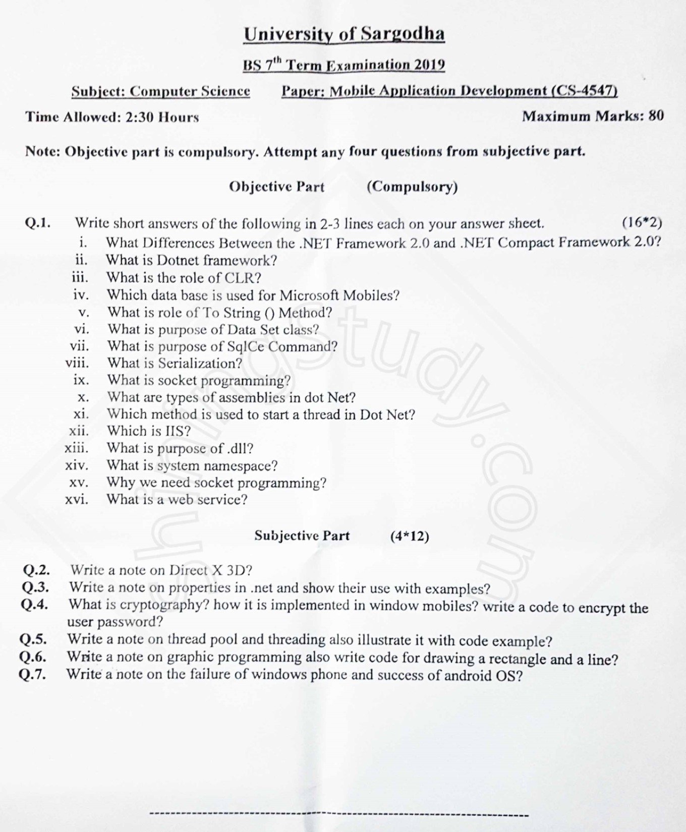 Mobile Application Development BSCS Term 7th Past Paper 2019 UOS 1 Mobile Application Development BSCS Term 7th Past Paper 2019 UOS