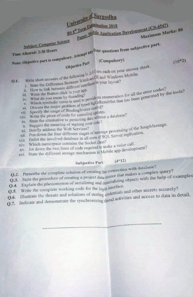 Mobile Application Development BSCS Term 8th Past Paper 2018 UOS