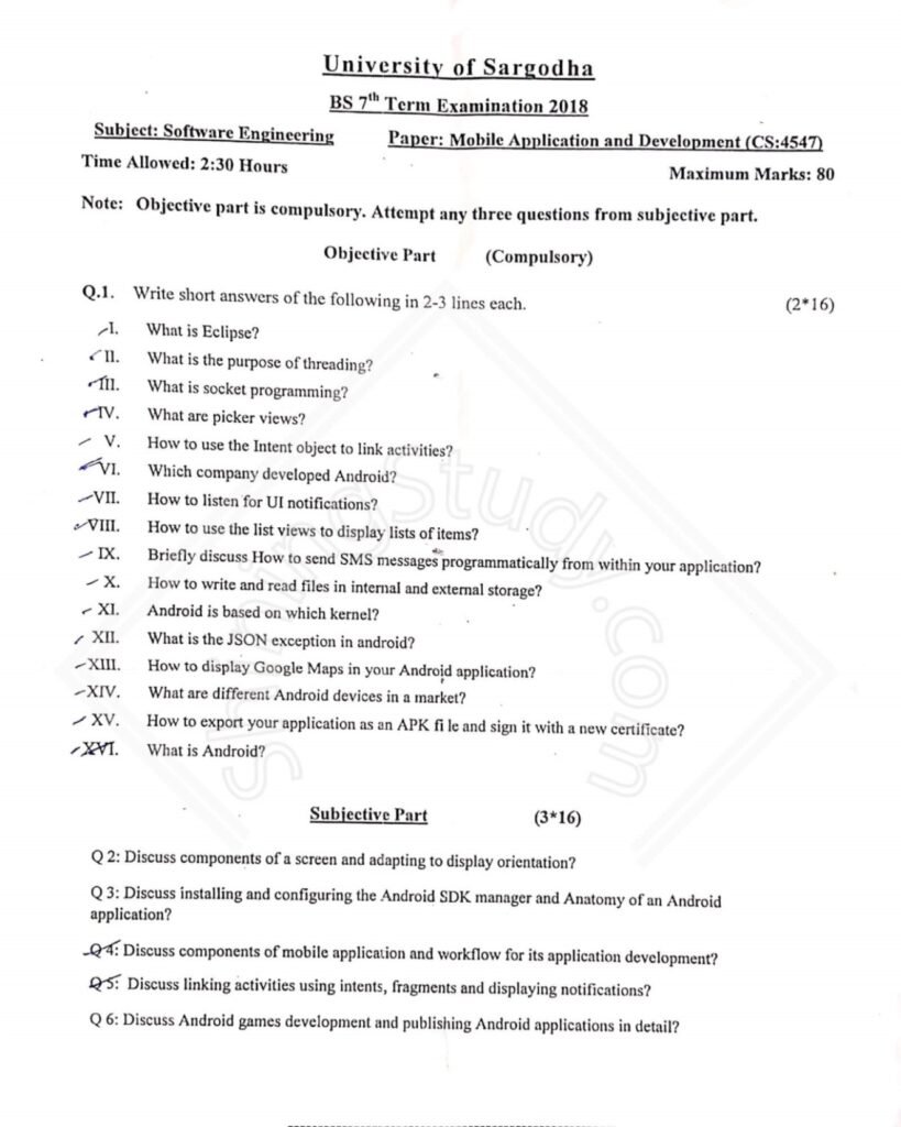 Mobile Application Development BSSE Term 7th Past Paper 2018 UOS