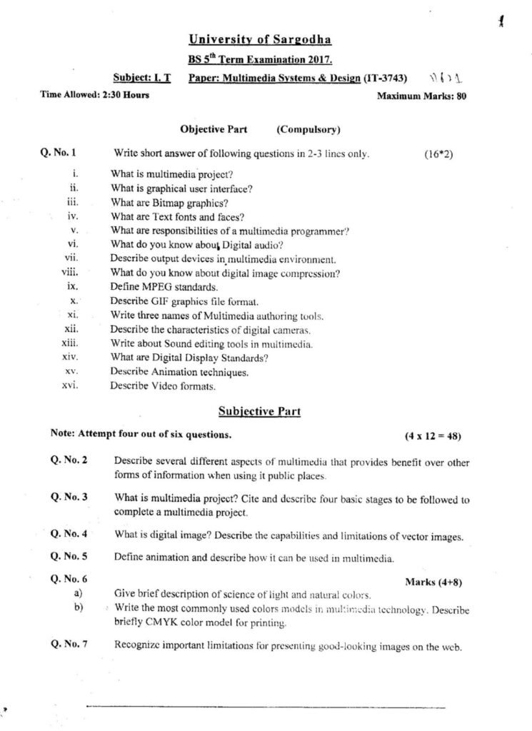 Multimedia System and Design BS IT 5th Term Past Paper 2017 UOS