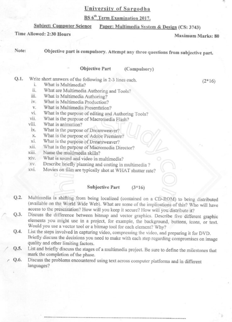 Multimedia System and Design BS IT 6th Term Past Paper 2017 UOS