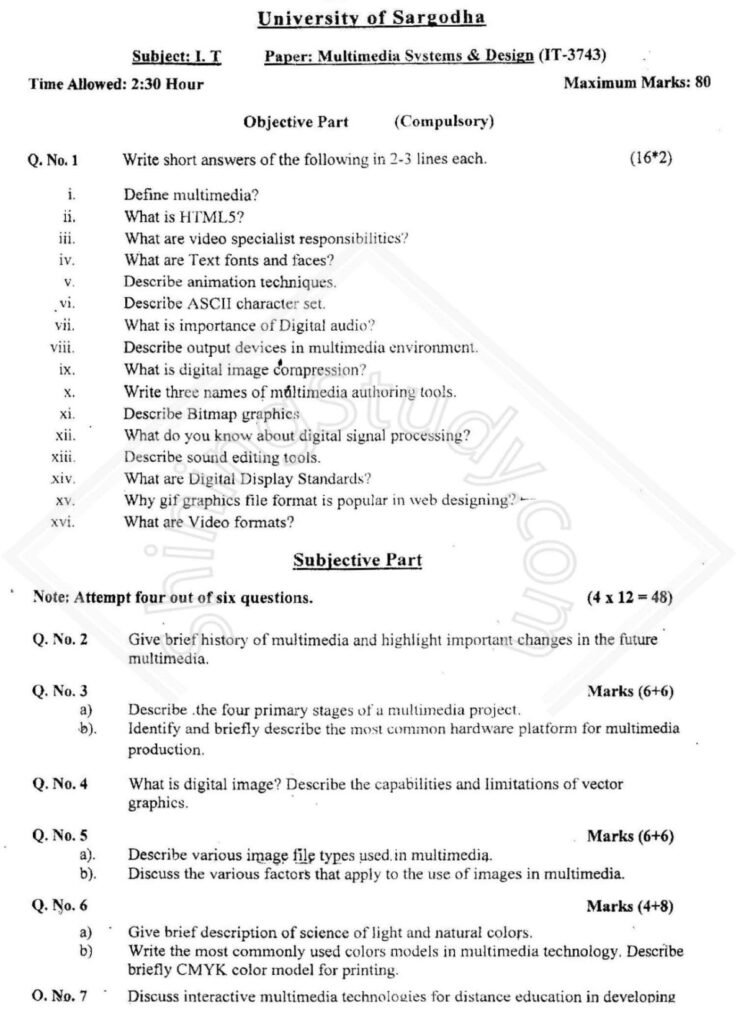 Multimedia System and Design MSc IT 2nd Term Past Paper 2016 UOS
