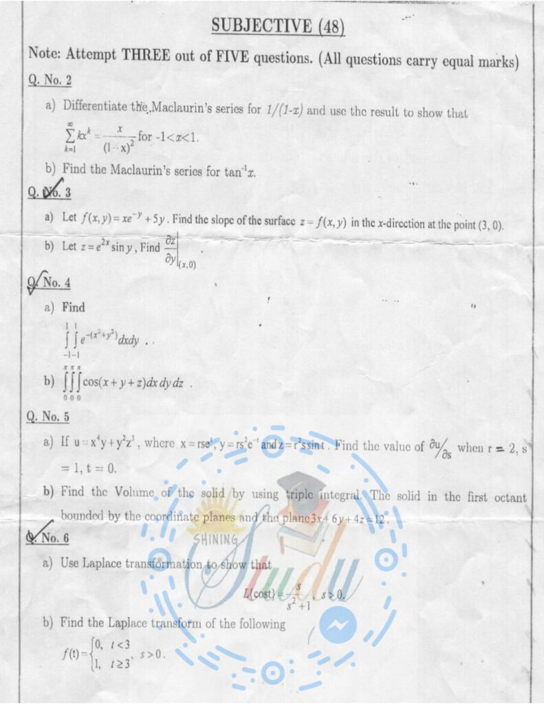Multivariable Calculus BSCS Term 2nd Past Paper 2015 UOS 2