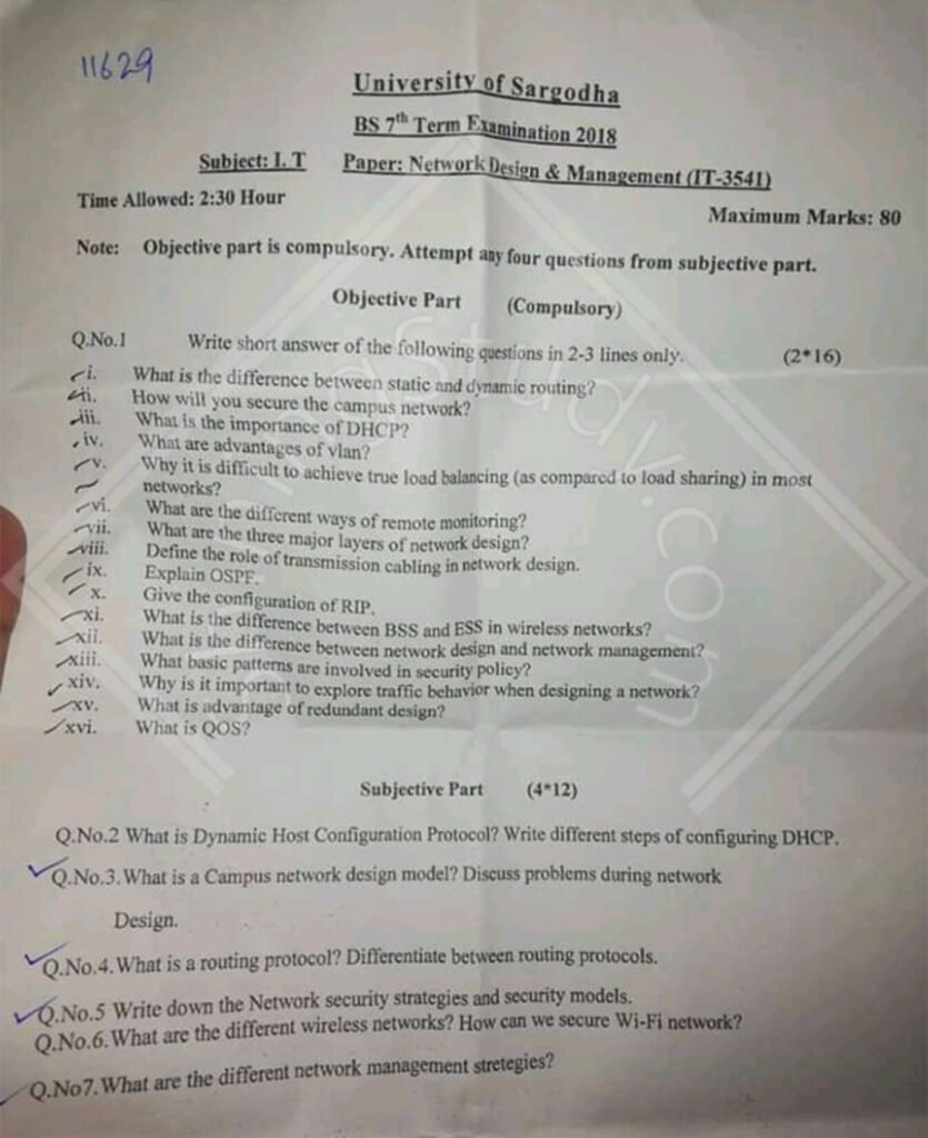 Network Design and Management BS IT Term 7 Past Paper 2018 UOS