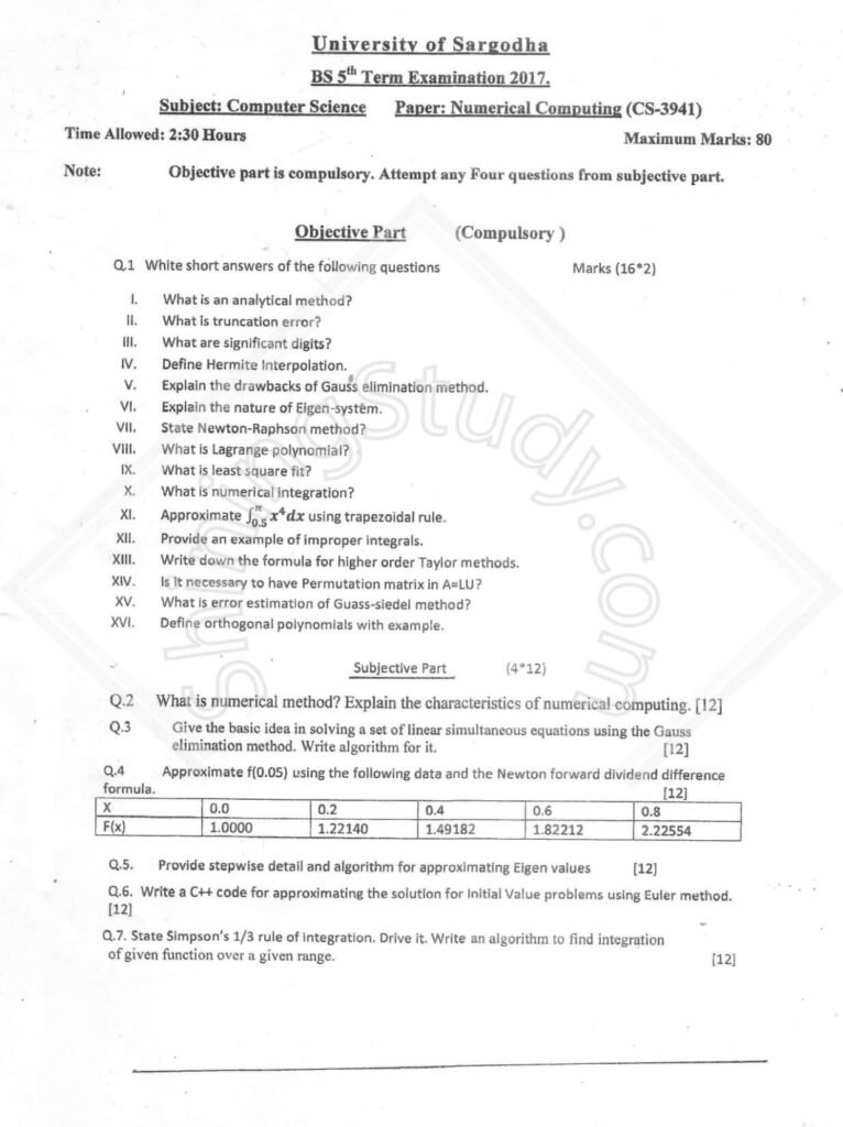 Numerical computing BSCS 5th Term Past Paper 2017 UOS