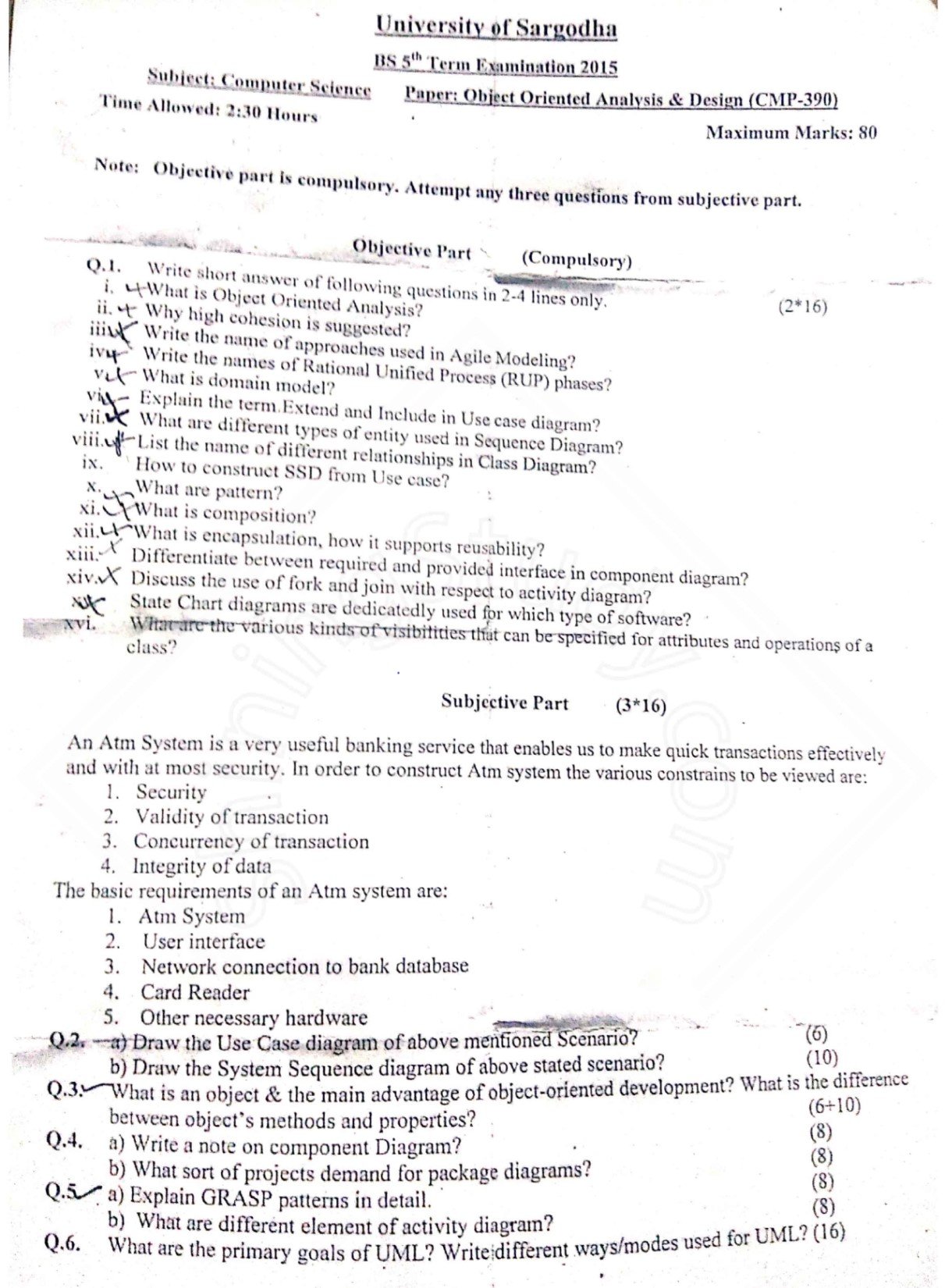 Object Oriented Analysis and Design BSCS Term 5th Past paper 2015 UOS