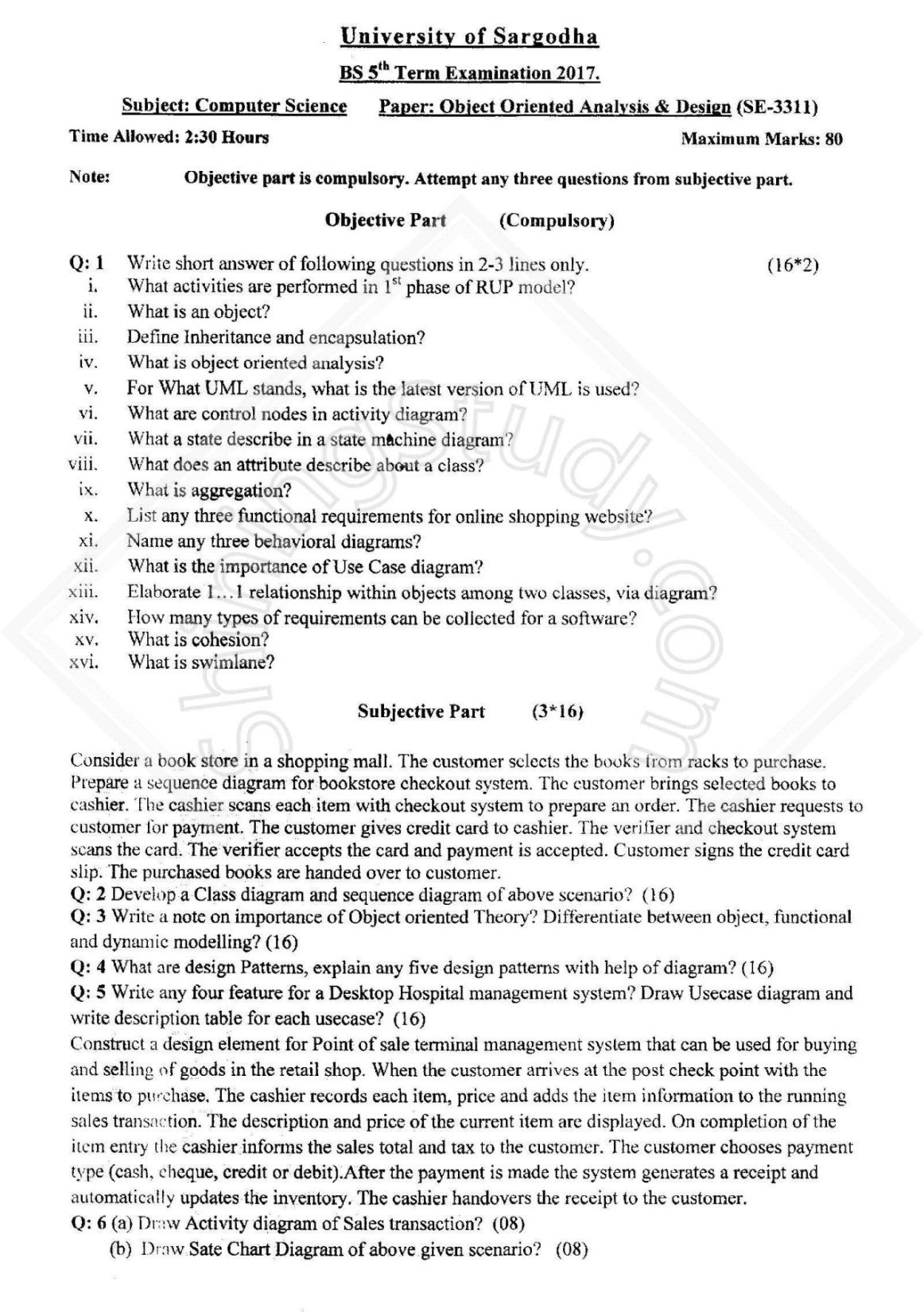 Object Oriented Analysis and Design BSCS Term 5th Past paper 2017 UOS