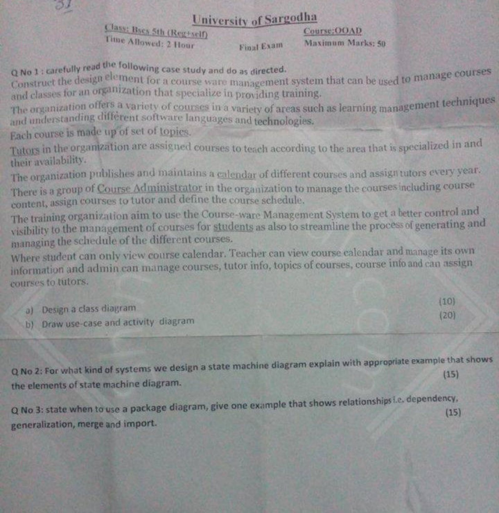 Object Oriented Analysis and Design BSCSTerm 5th Past paper UOS