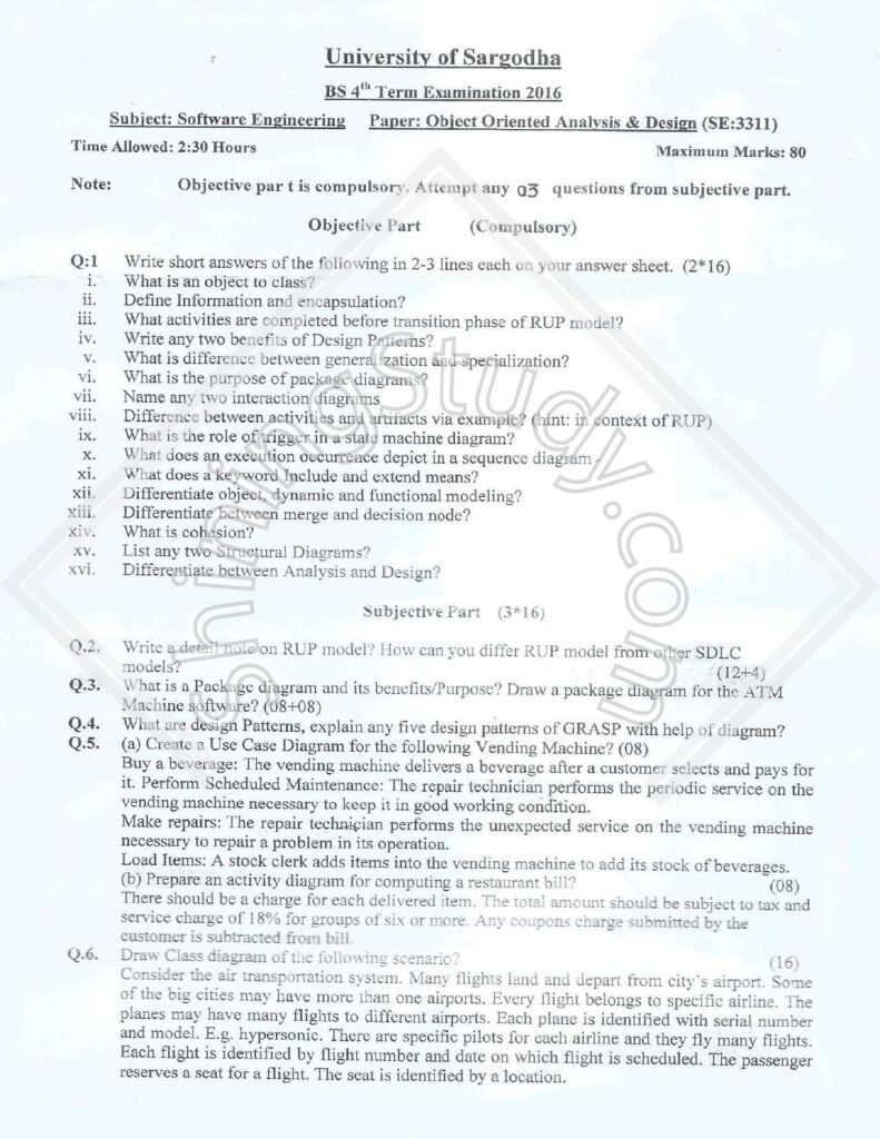 Object Oriented Analysis and Design BSSE Term 4th Past paper 2016 UOS