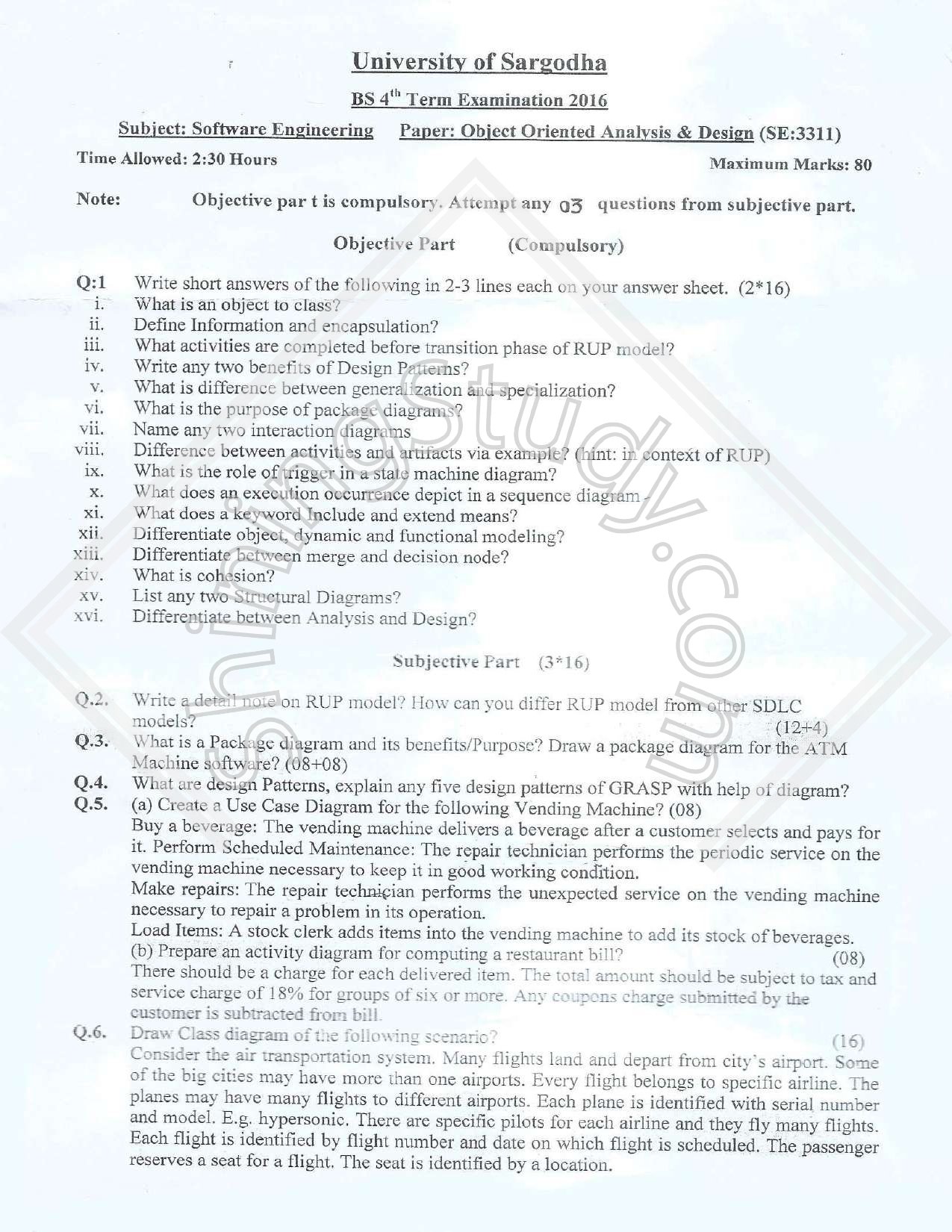 Object Oriented Analysis and Design BSSE Term 4th Past paper 2016 UOS