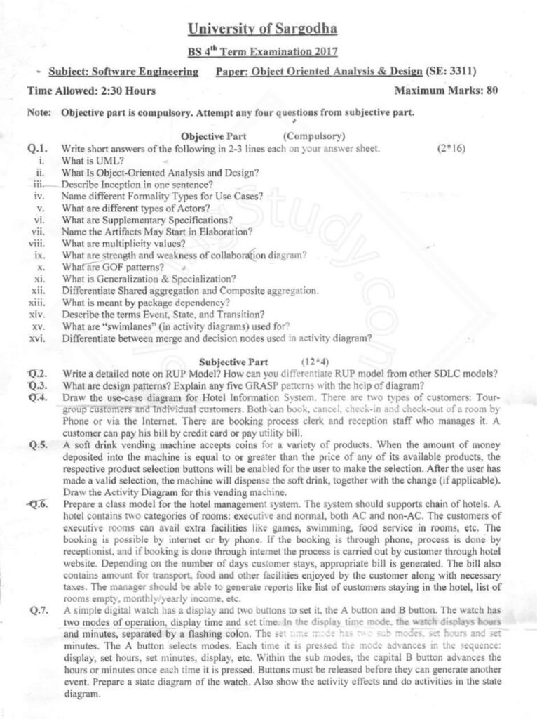 Object Oriented Analysis and Design BSSE Term 4th Past paper 2017 UOS
