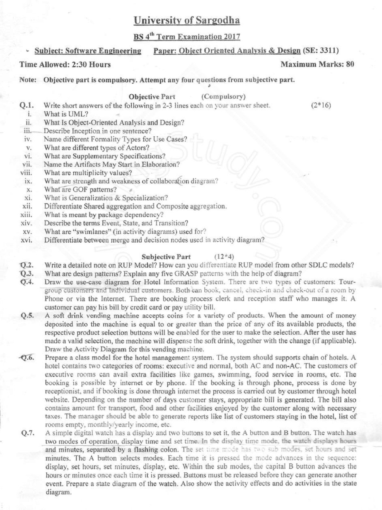 Object Oriented Analysis and Design BSSE Term 4th Past paper 2017 UOS