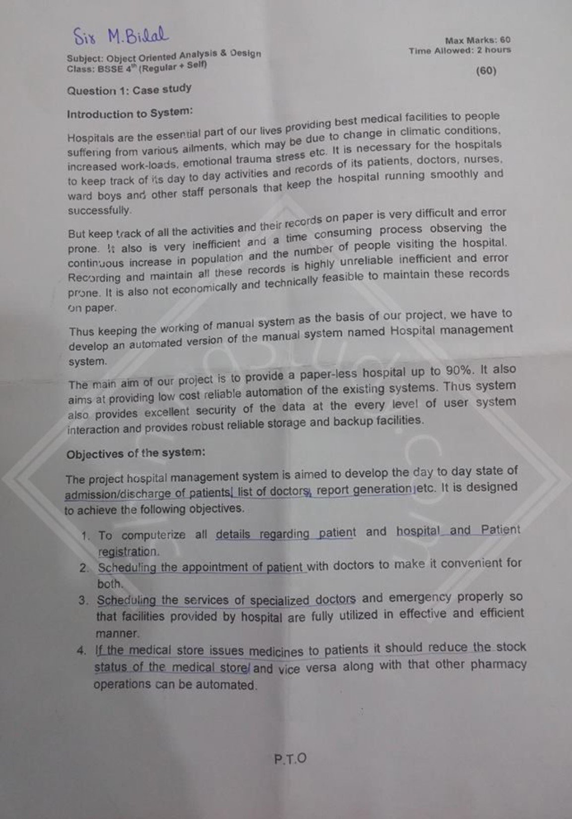 Object Oriented Analysis and Design BSSE Term 4th Past paper UOS