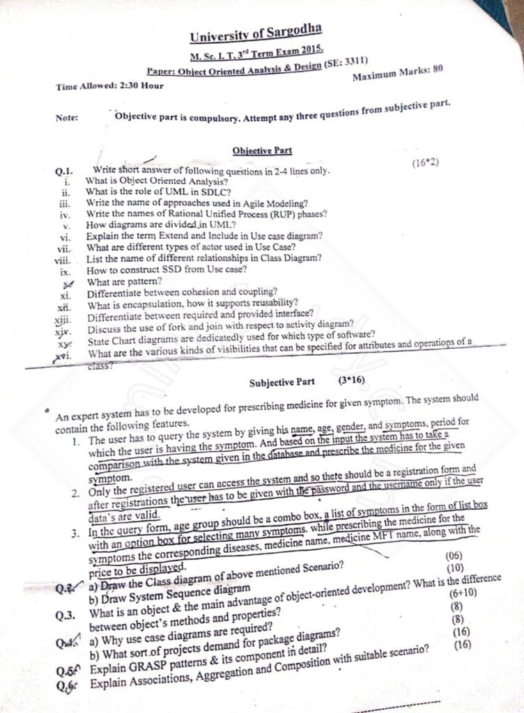 Object Oriented Analysis and Design MSC IT Term 3rd Past paper 2015 UOS