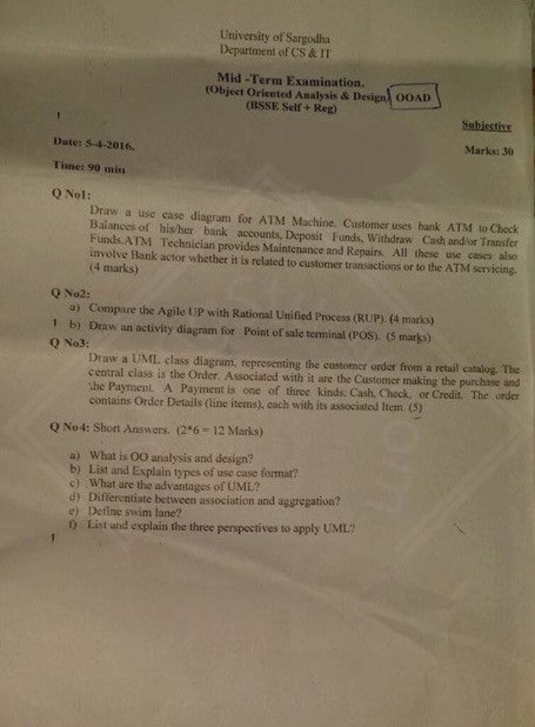 Object Oriented Analysis and Design Mid Term 2016 Past paper UOS