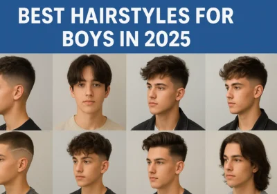 A digital collage showing eight trendy hairstyles for boys in 2025