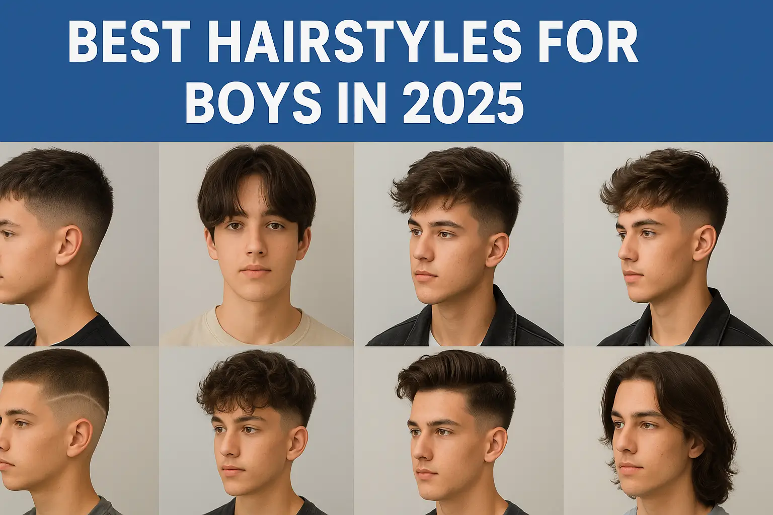 A digital collage showing eight trendy hairstyles for boys in 2025
