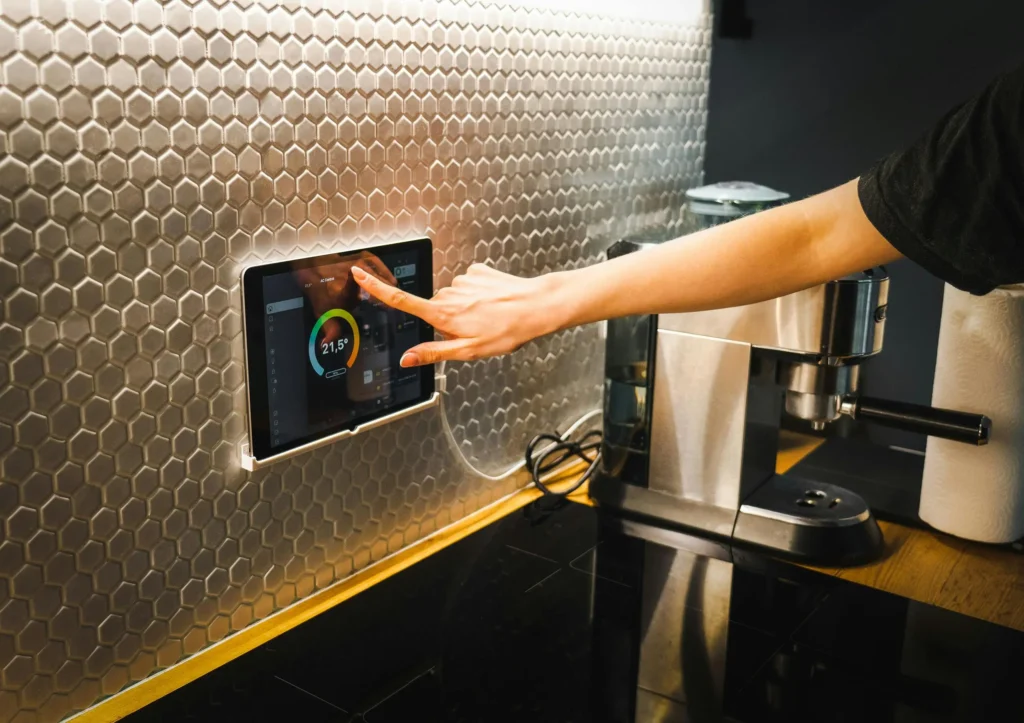 A futuristic digital illustration of a smart kitchen in 2025