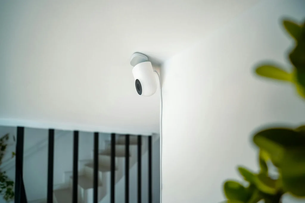 A futuristic digital illustration of smart security cameras and video doorbells for 2025