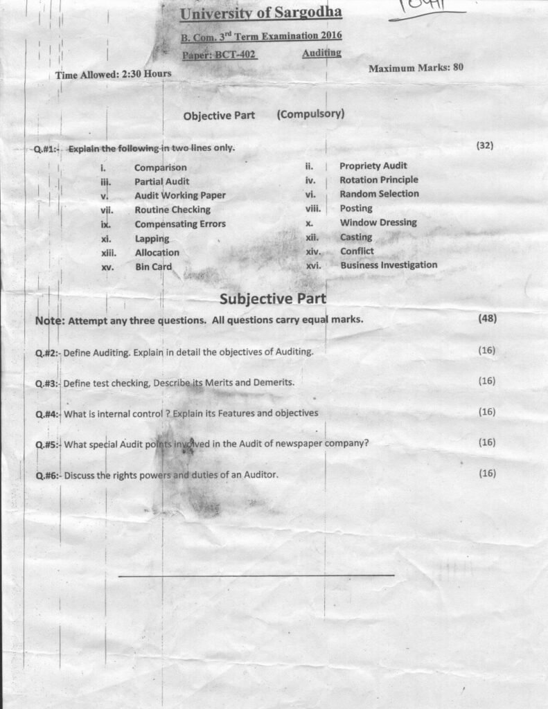 Auditing B.COM 3rd Term 2016 Past Paper UOS