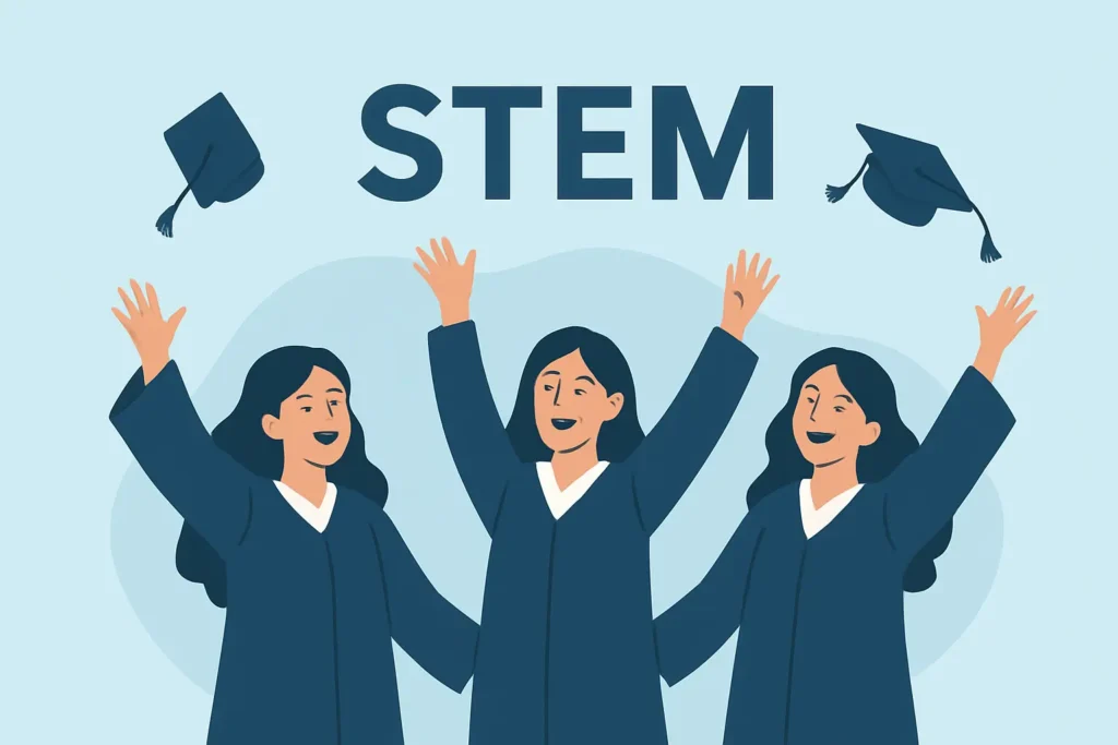 Happy women STEM graduates celebrating success and throwing graduation caps after receiving international scholarships in 2025