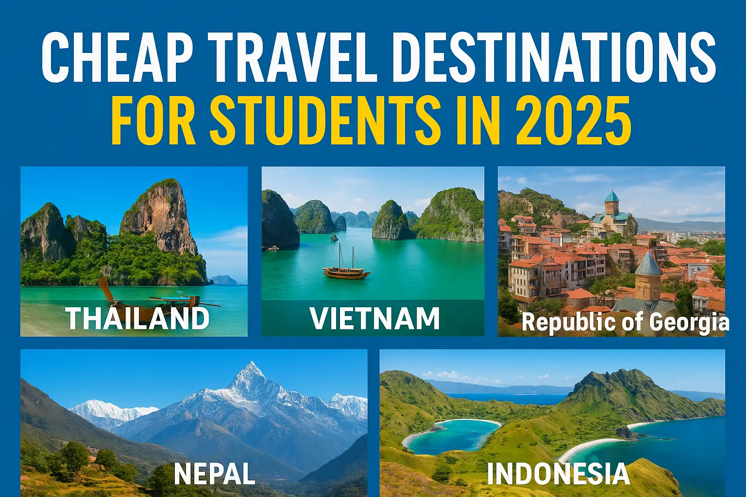 Student travel hacks in 2025 – infographic showing student ID discounts, hostel stays, budget airlines, early booking, and eating local street food