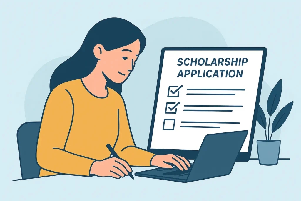 Female student filling out online STEM scholarship application 2025 with checklist for eligibility and requirements.