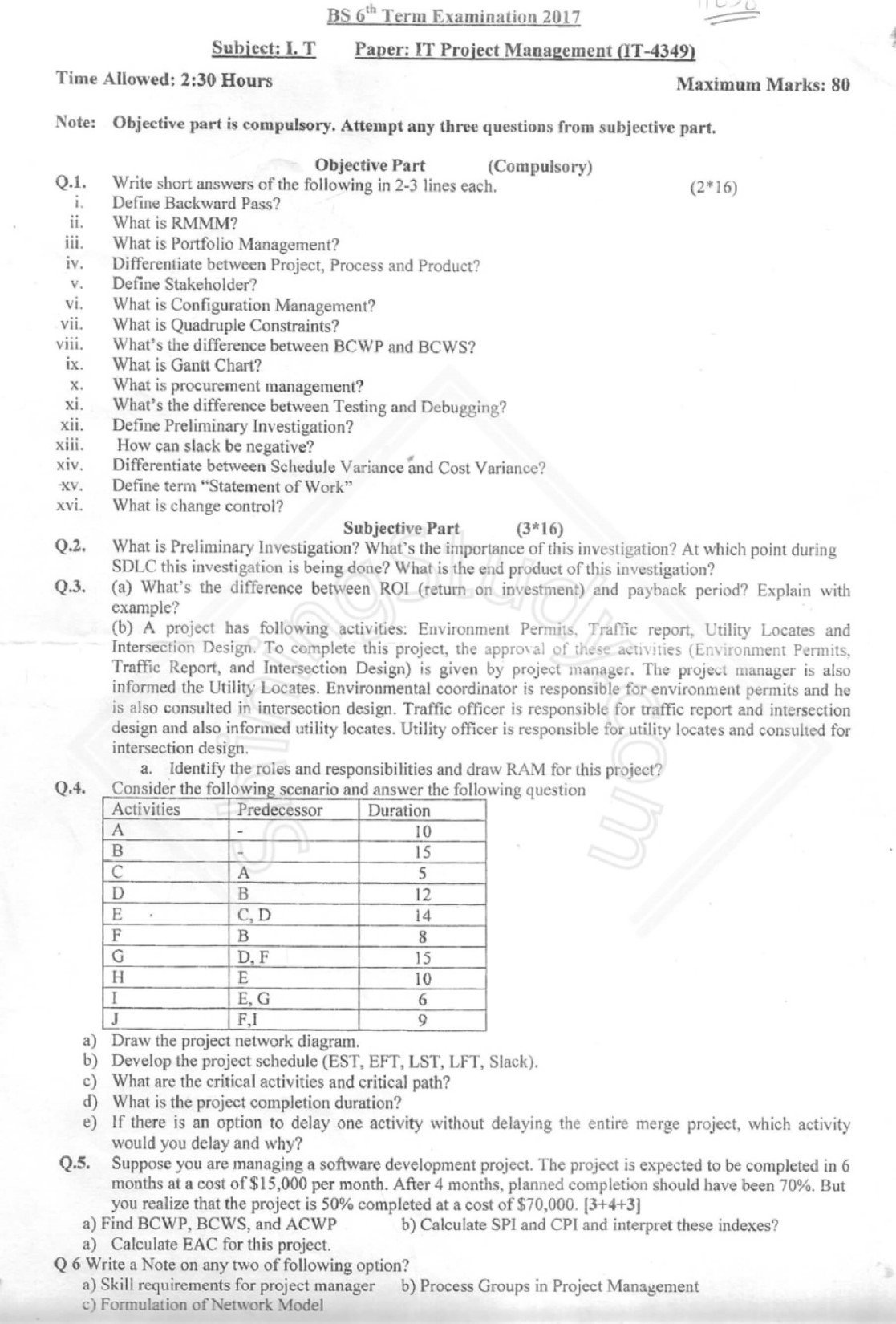 IT Project Management BSIT 6th Term 2017 Past Paper UOS