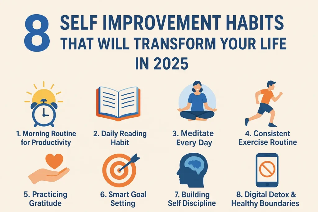 Infographic showing 8 self improvement habits for 2025
