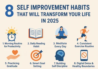 Infographic showing 8 self improvement habits for 2025