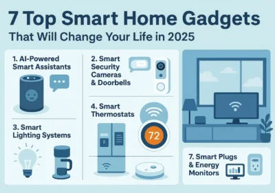 Infographic titled '7 Top Smart Home Gadgets That Will Change Your Life in 2025'