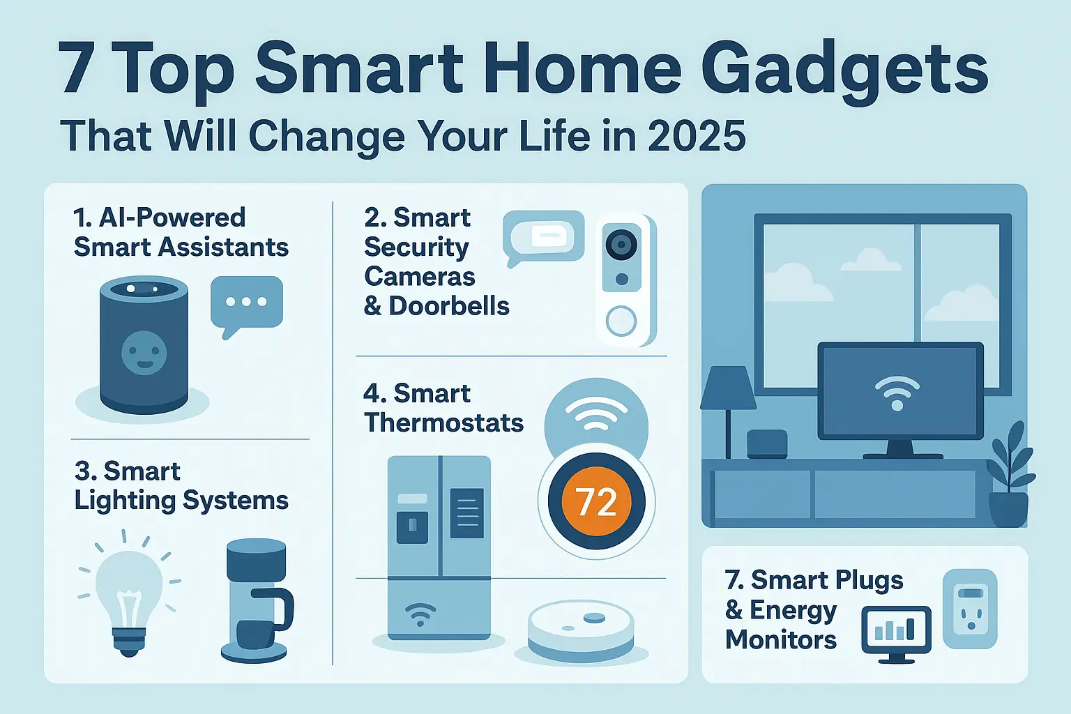 Infographic titled '7 Top Smart Home Gadgets That Will Change Your Life in 2025'