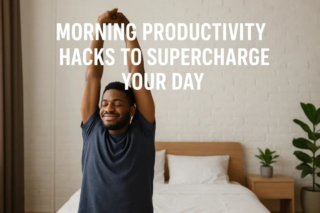 Young man stretching in the morning bedroom as part of morning productivity hacks to supercharge the day