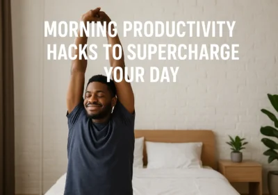 Young man stretching in the morning bedroom as part of morning productivity hacks to supercharge the day