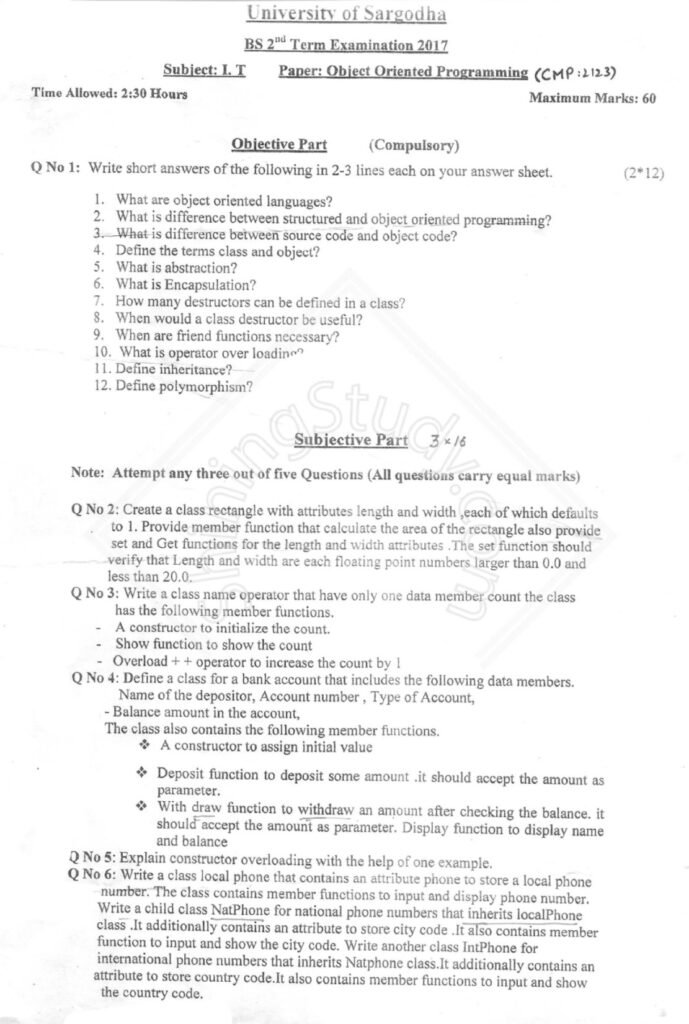 University of Sargodha BS 2nd Term 2017 Object Oriented Programming Exam Question Paper - OOP concepts, class design, constructors, inheritance