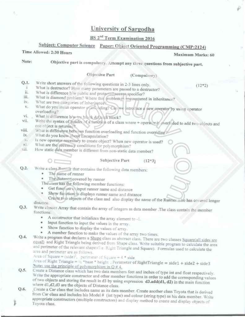 University of Sargodha BS 2nd Term Object Oriented Programming Exam Paper 2016 for Computer Science
