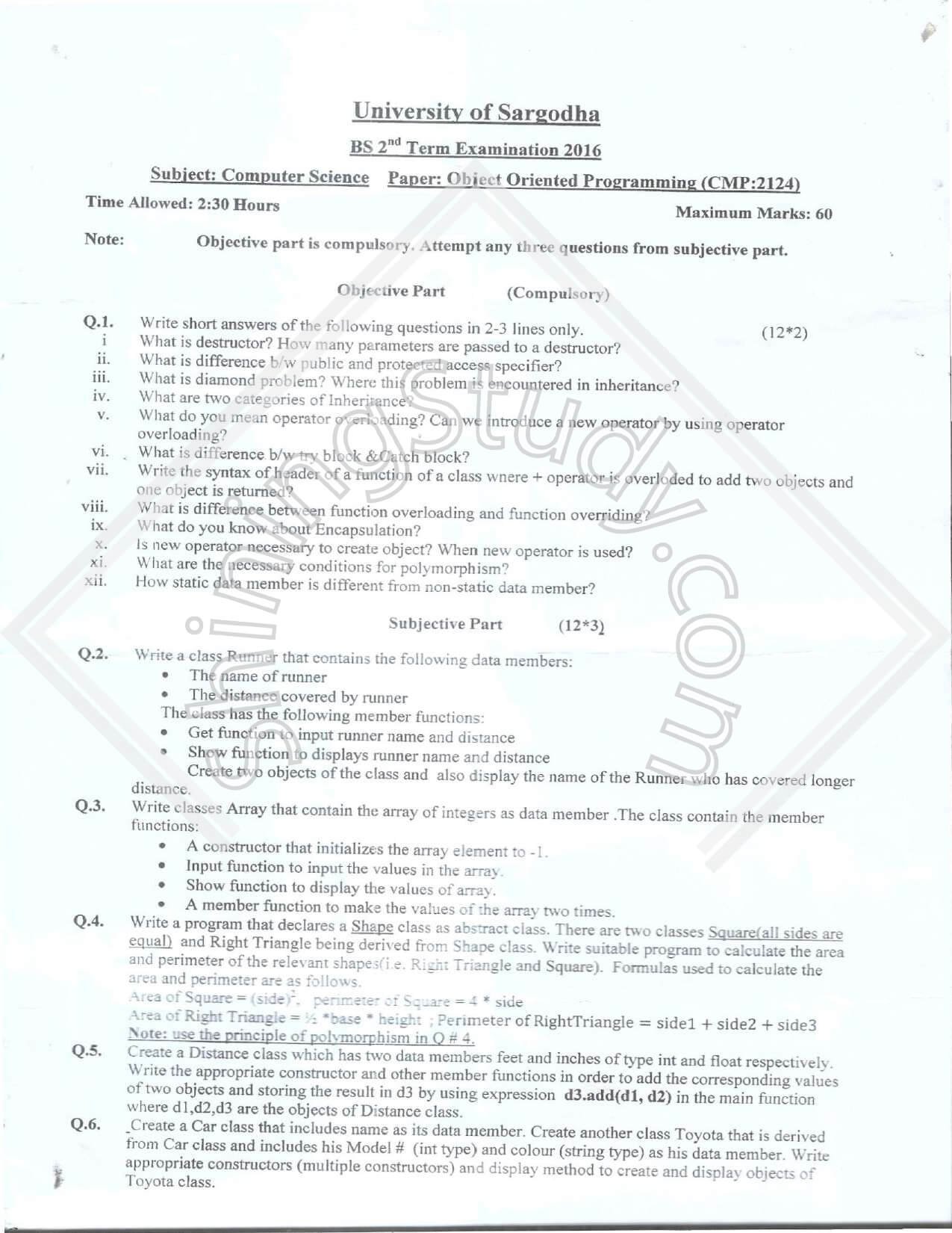 University of Sargodha BS 2nd Term Object Oriented Programming Exam Paper 2016 for Computer Science