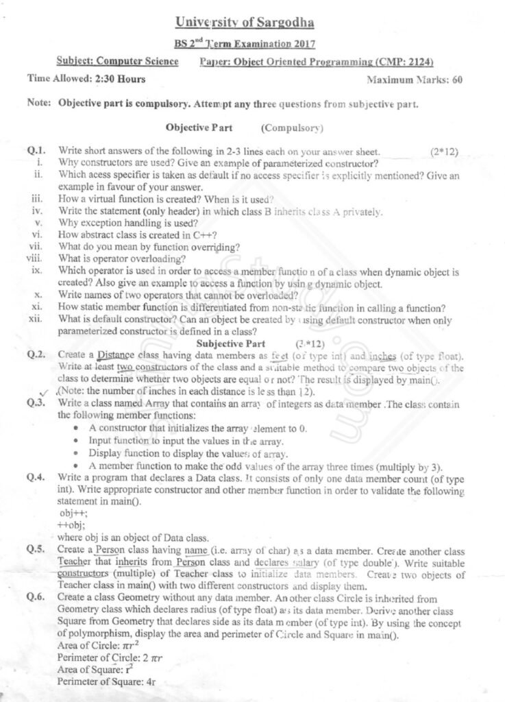 University of Sargodha BS 2nd Term 2017 Computer Science Object Oriented Programming exam question paper with objective and subjective questions on C++ concepts including class creation, inheritance, and polymorphism.