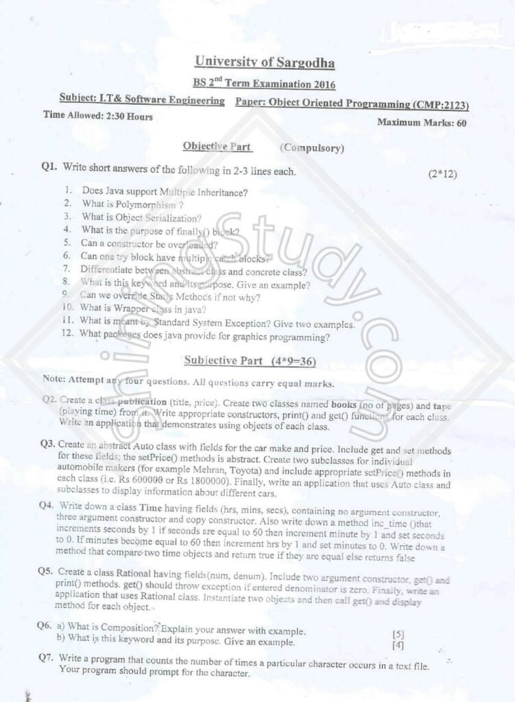 University of Sargodha BS 2nd Term 2016 Object Oriented Programming exam question paper
