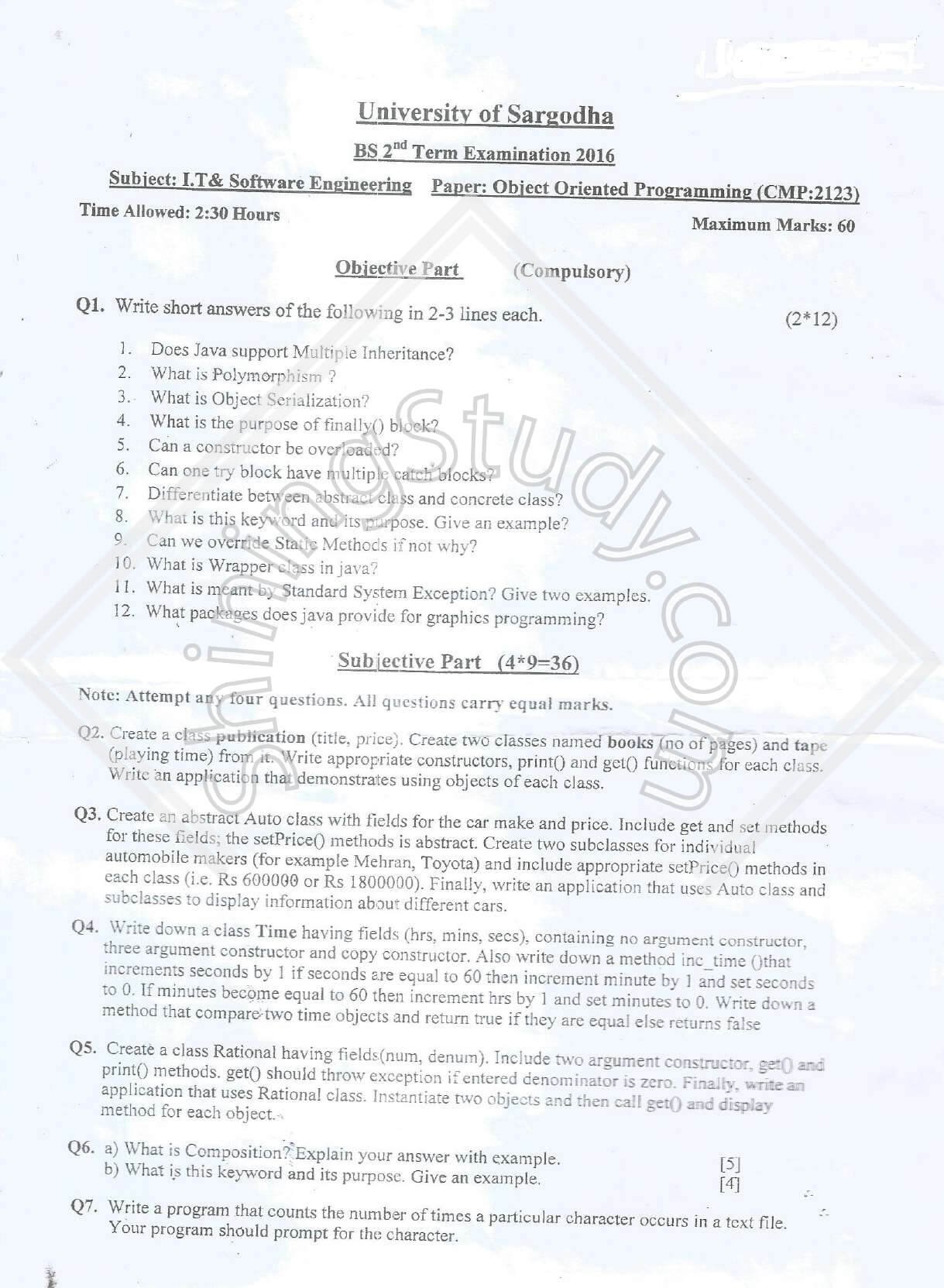 University of Sargodha BS 2nd Term 2016 Object Oriented Programming exam question paper