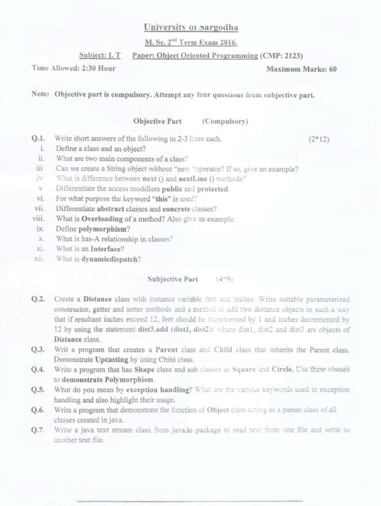 "University of Sargodha Object Oriented Programming M.Sc. 2nd Term Exam 2016 question paper with objective and subjective questions about Java programming concepts"