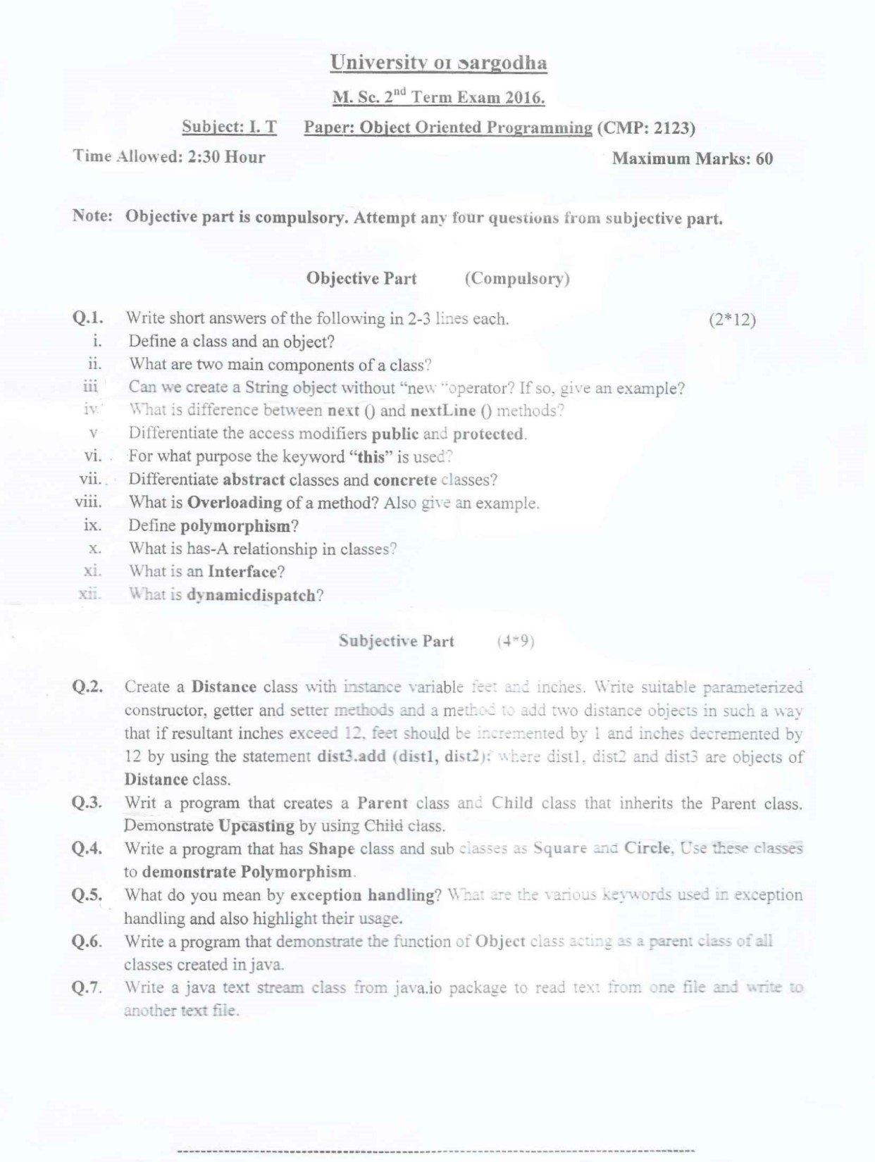 "University of Sargodha Object Oriented Programming M.Sc. 2nd Term Exam 2016 question paper with objective and subjective questions about Java programming concepts"