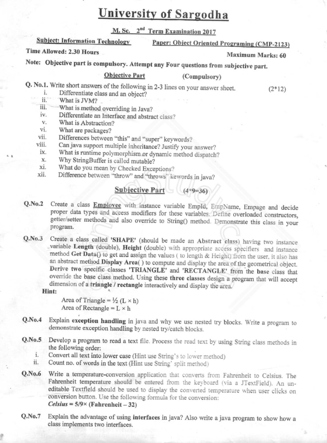 M.Sc. 2nd Term Object Oriented Programming Exam Paper 2017