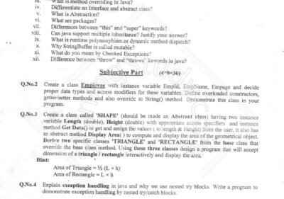 Welcome to Shining Study 27 University of Sargodha M.Sc. 2nd Term Examination 2017 Object Oriented Programming subject IT exam paper with questions on Java programming concepts like polymorphism, inheritance, interfaces, and exception handling.