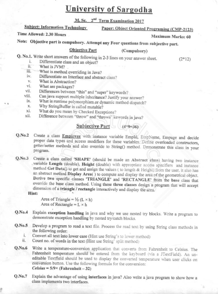 University of Sargodha M.Sc. 2nd Term Examination 2017 Object Oriented Programming subject IT exam paper with questions on Java programming concepts like polymorphism, inheritance, interfaces, and exception handling.
