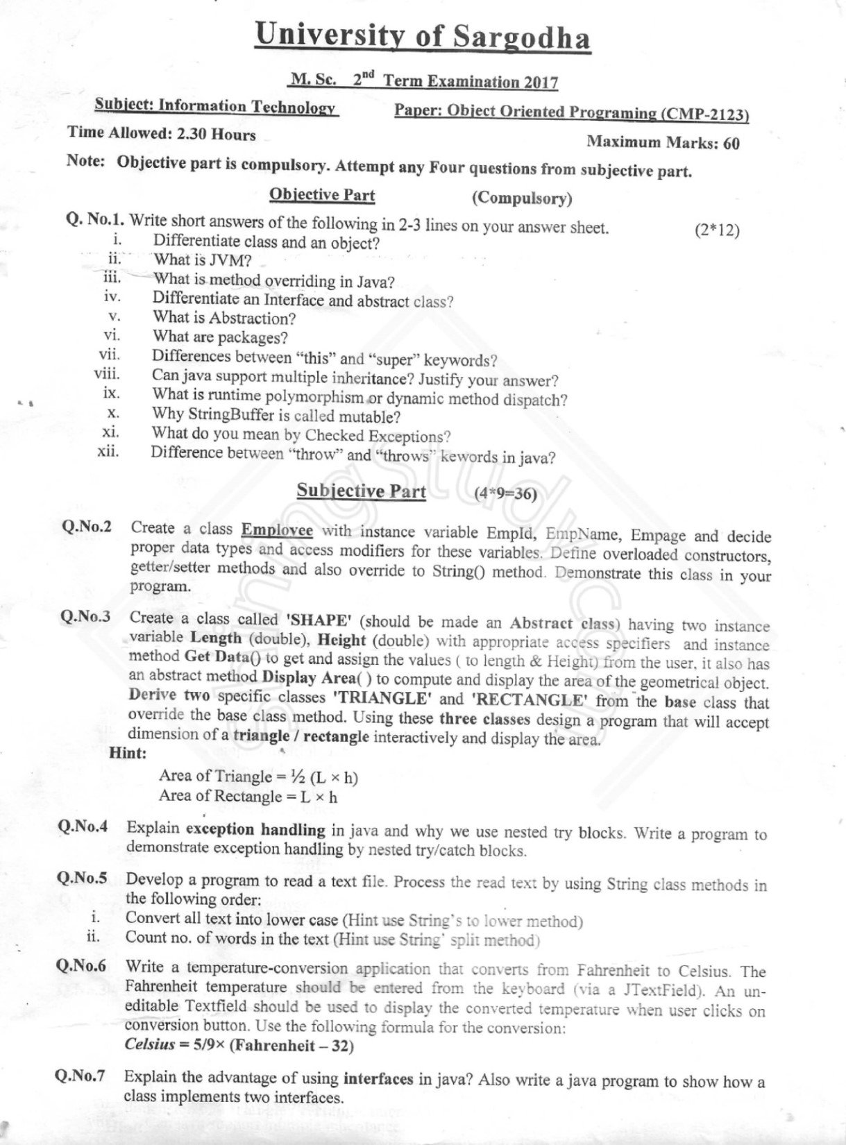 University of Sargodha M.Sc. 2nd Term Examination 2017 Object Oriented Programming subject IT exam paper with questions on Java programming concepts like polymorphism, inheritance, interfaces, and exception handling.