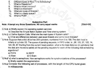University of Sargodha BS 5th Term 2017 Operating System Exam question paper with objective and subjective questions covering multiprogramming, deadlock, memory management, disk scheduling, semaphores, and CPU scheduling algorithms.