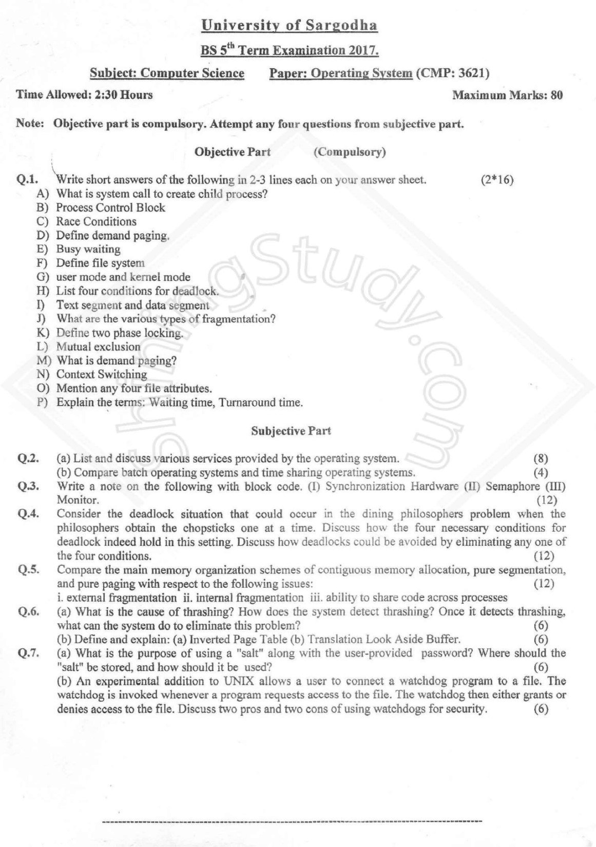 University of Sargodha 2017 Operating System Exam Paper for BS Computer Science 5th Term with Objective and Subjective Questions